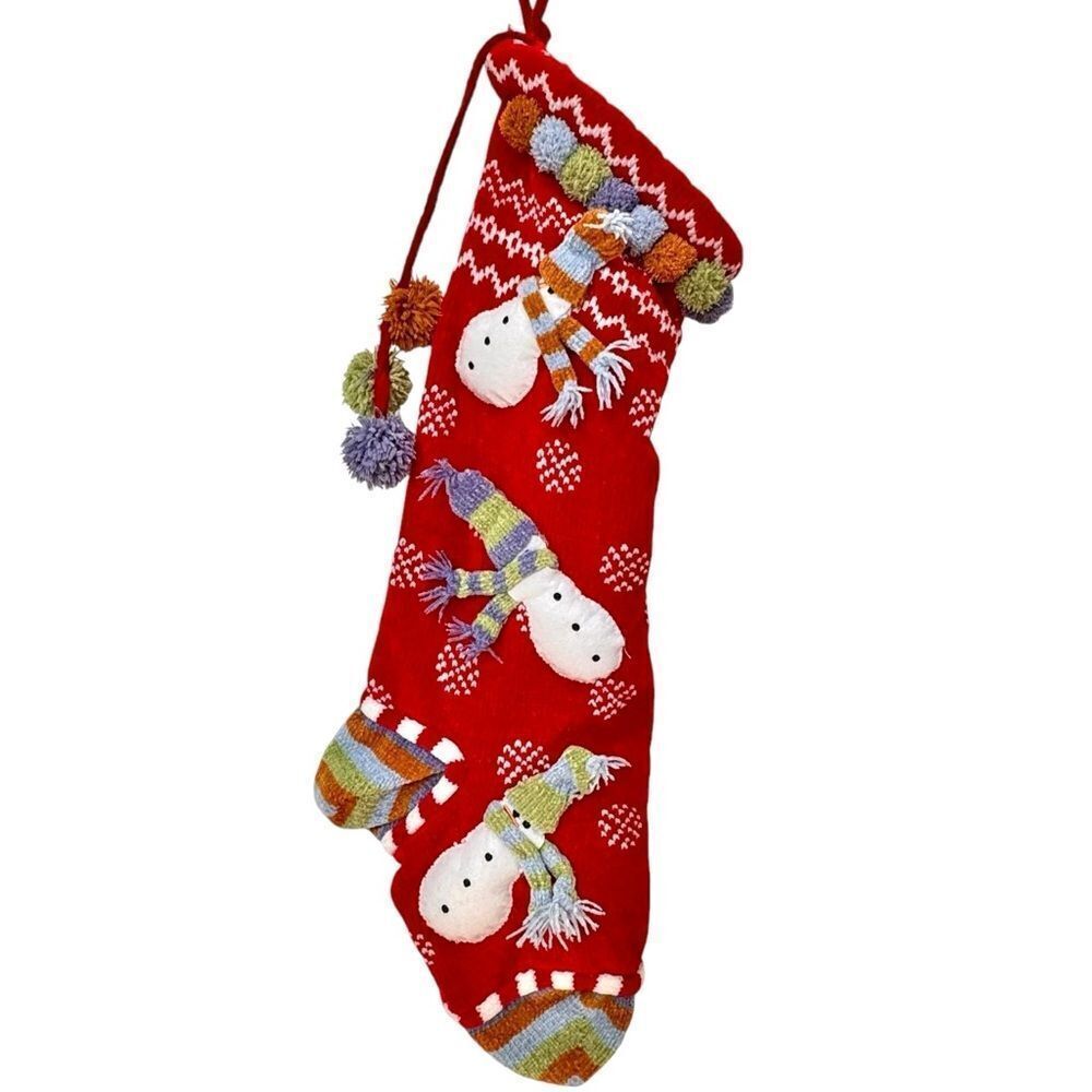 Knit Red Christmas Holiday Stocking Snowmen & Tassles.